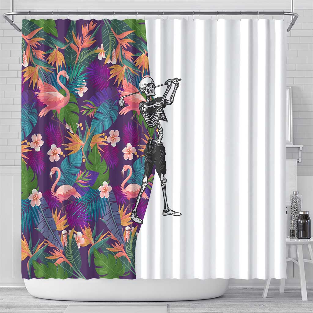Skeleton Golfer Shower Curtain with Tropical Flamingo Leaves Pattern and Colorful Floral Background - Wonder Print Shop