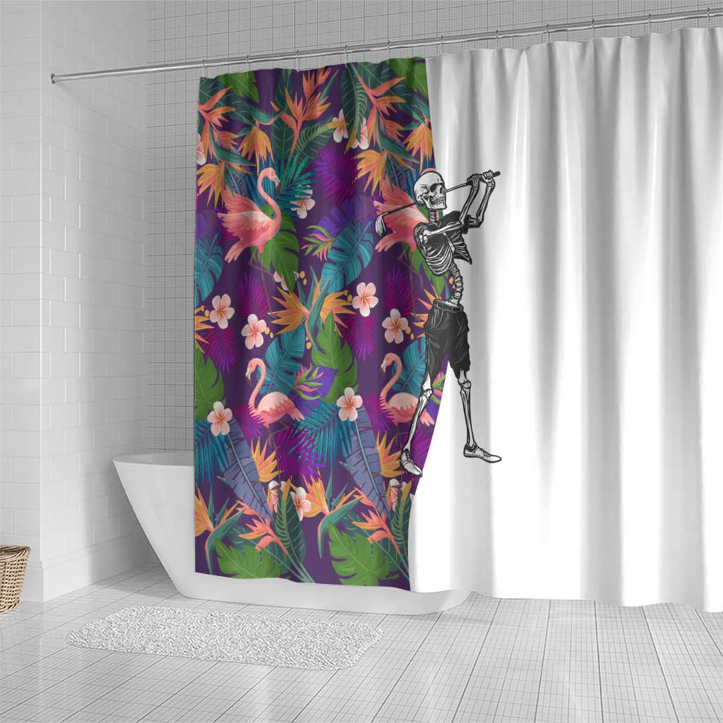 Skeleton Golfer Shower Curtain with Tropical Flamingo Leaves Pattern and Colorful Floral Background - Wonder Print Shop