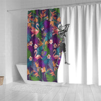 Skeleton Golfer Shower Curtain with Tropical Flamingo Leaves Pattern and Colorful Floral Background - Wonder Print Shop