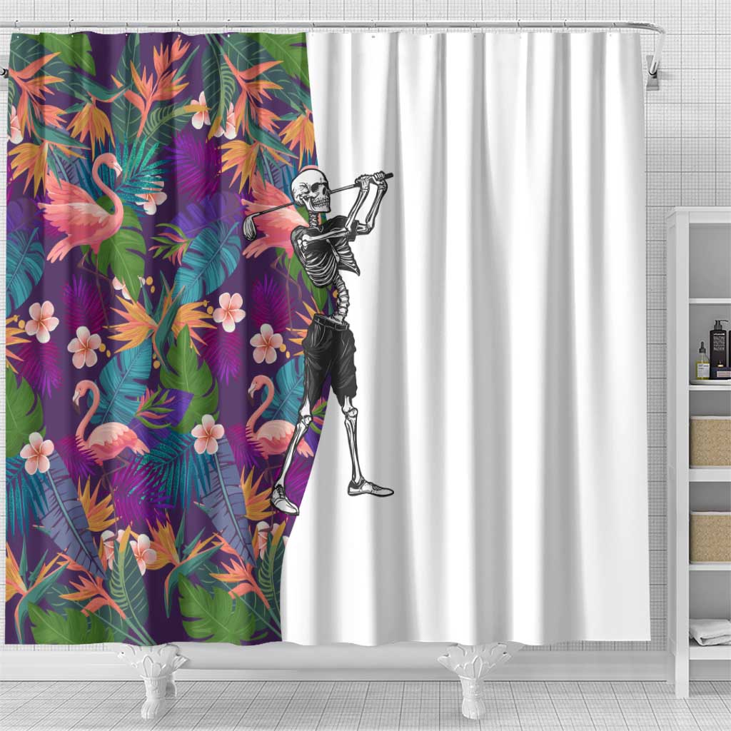 Skeleton Golfer Shower Curtain with Tropical Flamingo Leaves Pattern and Colorful Floral Background - Wonder Print Shop