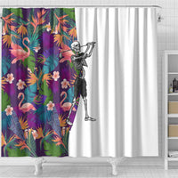 Skeleton Golfer Shower Curtain with Tropical Flamingo Leaves Pattern and Colorful Floral Background - Wonder Print Shop