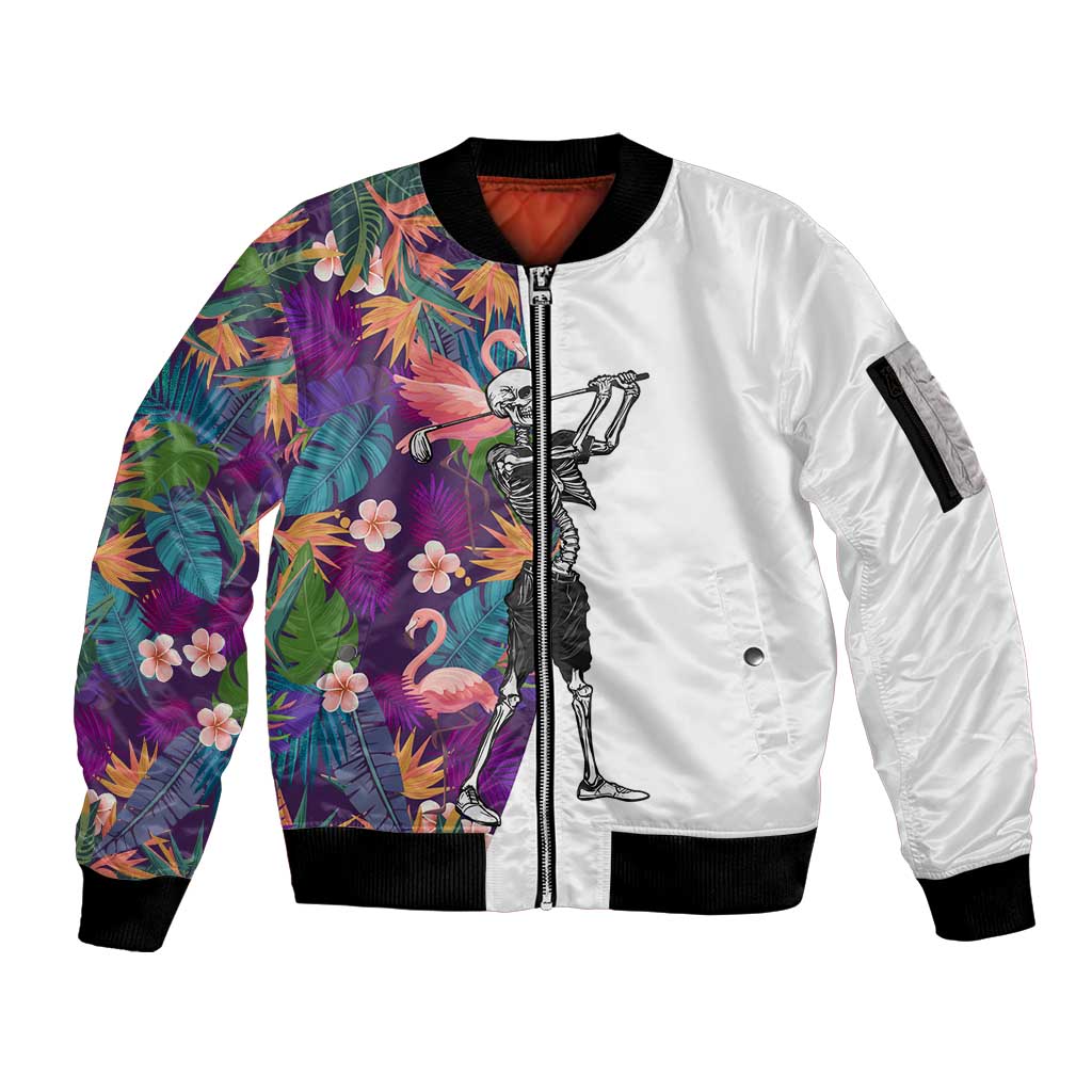 Custom Skeleton Golfer Sleeve Zip Bomber Jacket with Tropical Flamingo Leaves Pattern and Colorful Floral Background - Wonder Print Shop