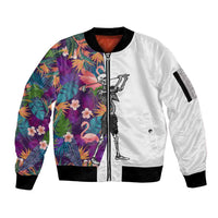 Custom Skeleton Golfer Sleeve Zip Bomber Jacket with Tropical Flamingo Leaves Pattern and Colorful Floral Background - Wonder Print Shop