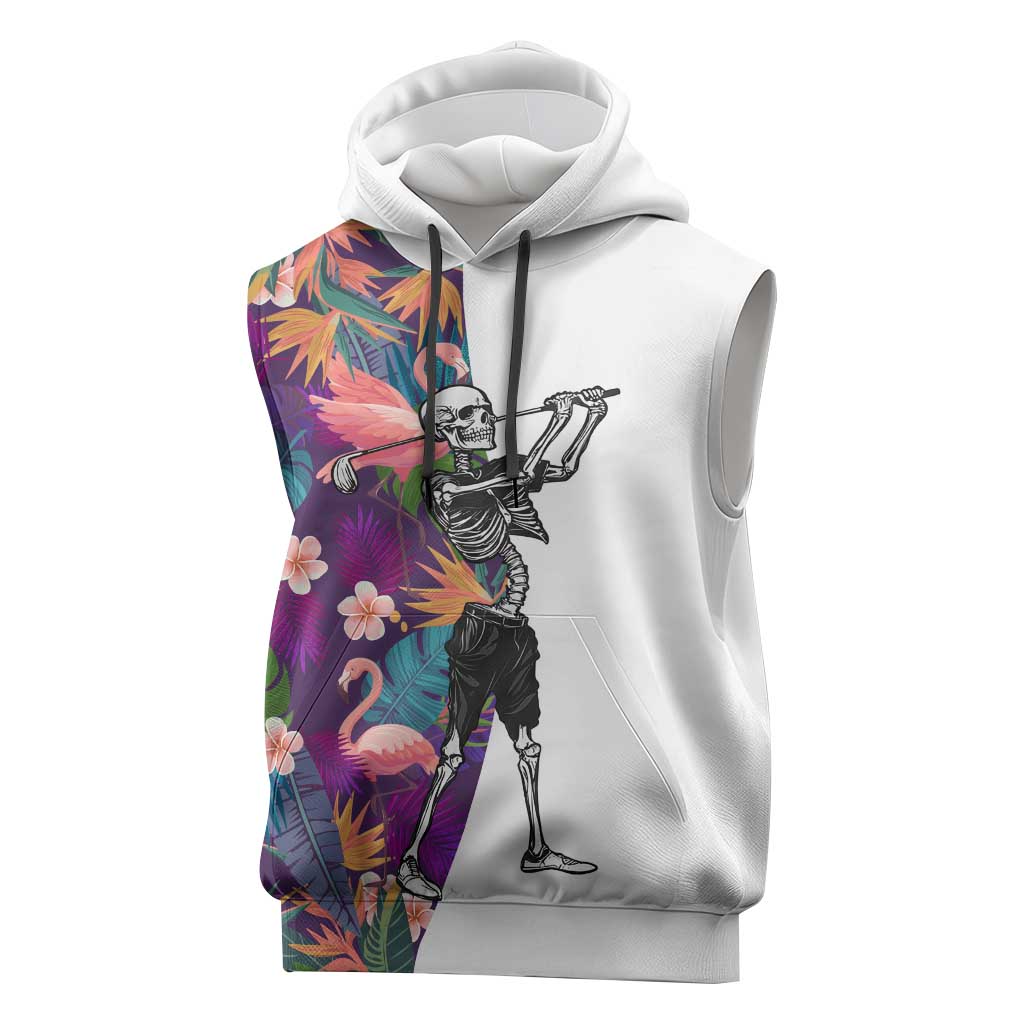 Custom Skeleton Golfer Sleeveless Hoodie with Tropical Flamingo Leaves Pattern and Colorful Floral Background - Wonder Print Shop