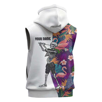 Custom Skeleton Golfer Sleeveless Hoodie with Tropical Flamingo Leaves Pattern and Colorful Floral Background - Wonder Print Shop