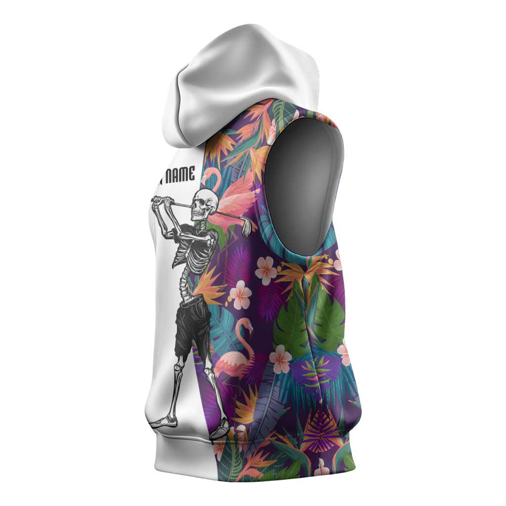 Custom Skeleton Golfer Sleeveless Hoodie with Tropical Flamingo Leaves Pattern and Colorful Floral Background - Wonder Print Shop