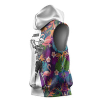 Custom Skeleton Golfer Sleeveless Hoodie with Tropical Flamingo Leaves Pattern and Colorful Floral Background - Wonder Print Shop
