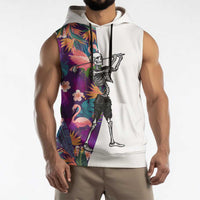 Custom Skeleton Golfer Sleeveless Hoodie with Tropical Flamingo Leaves Pattern and Colorful Floral Background - Wonder Print Shop