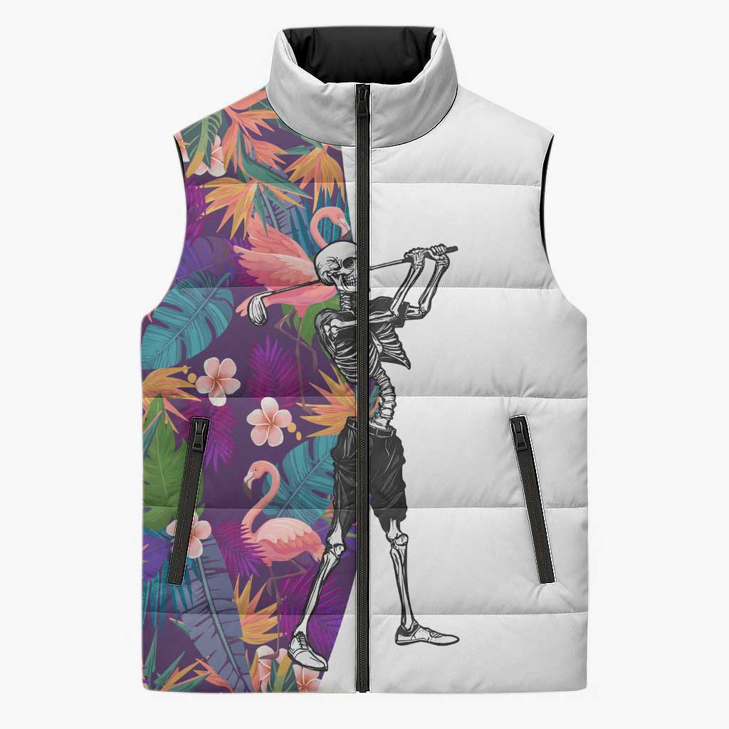 Custom Skeleton Golfer Sleeveless Puffer Jacket with Tropical Flamingo Leaves Pattern and Colorful Floral Background - Wonder Print Shop