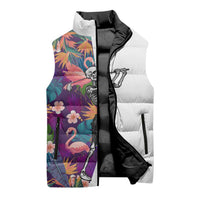 Custom Skeleton Golfer Sleeveless Puffer Jacket with Tropical Flamingo Leaves Pattern and Colorful Floral Background - Wonder Print Shop
