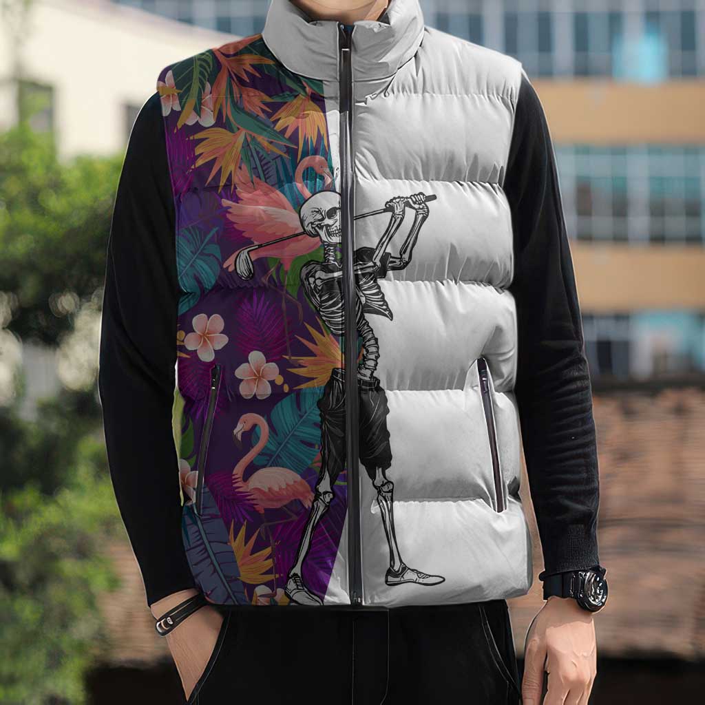 Custom Skeleton Golfer Sleeveless Puffer Jacket with Tropical Flamingo Leaves Pattern and Colorful Floral Background - Wonder Print Shop