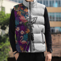 Custom Skeleton Golfer Sleeveless Puffer Jacket with Tropical Flamingo Leaves Pattern and Colorful Floral Background - Wonder Print Shop