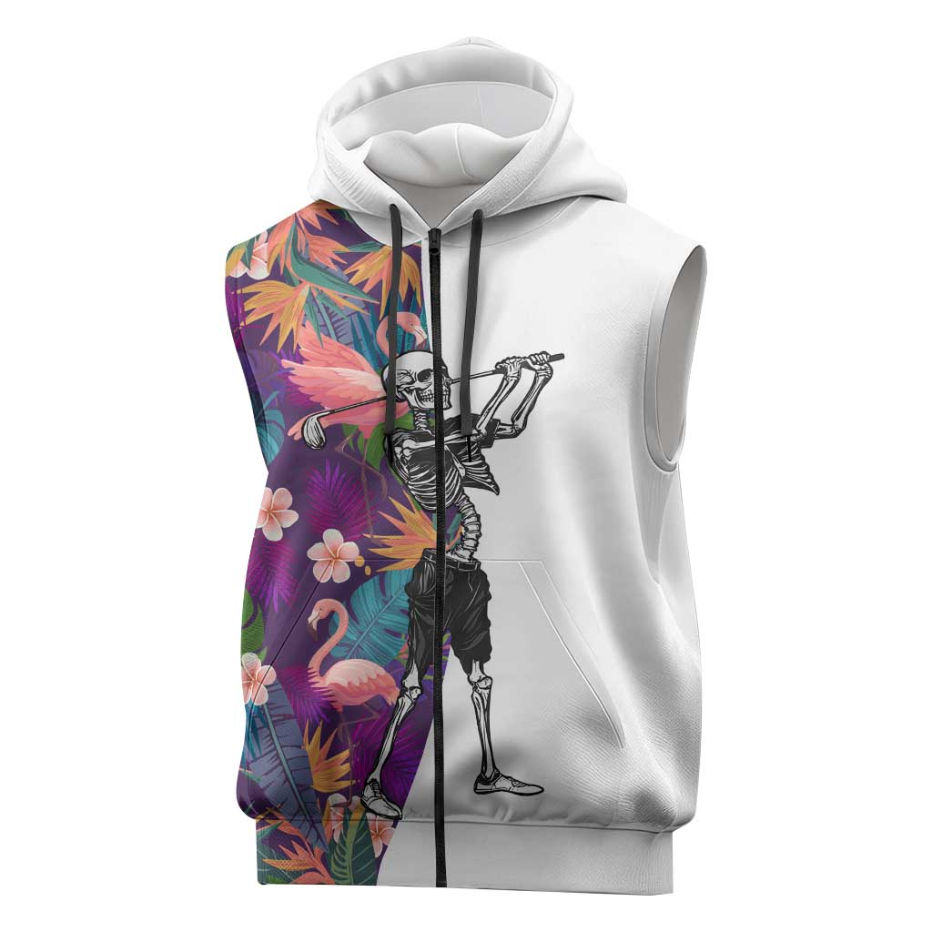 Custom Skeleton Golfer Sleeveless Zip Hoodie with Tropical Flamingo Leaves Pattern and Colorful Floral Background - Wonder Print Shop