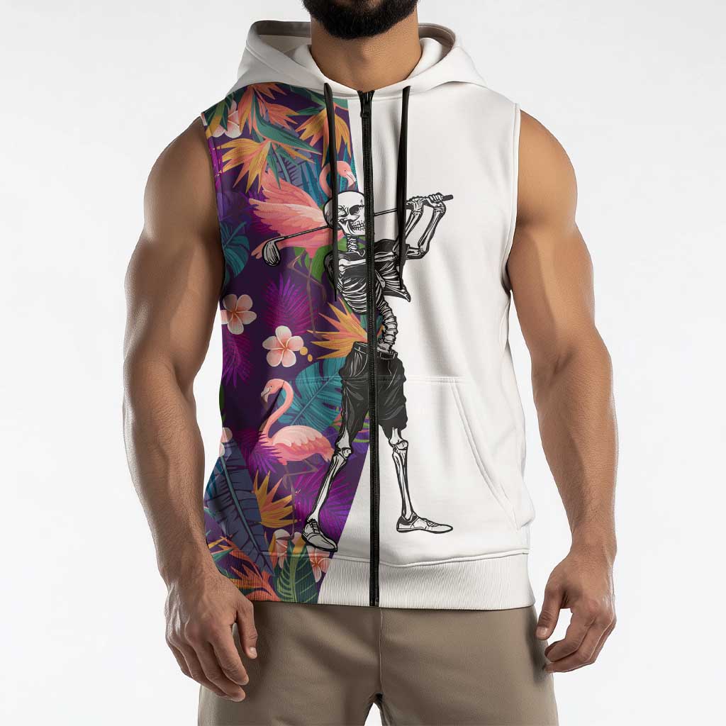 Custom Skeleton Golfer Sleeveless Zip Hoodie with Tropical Flamingo Leaves Pattern and Colorful Floral Background - Wonder Print Shop