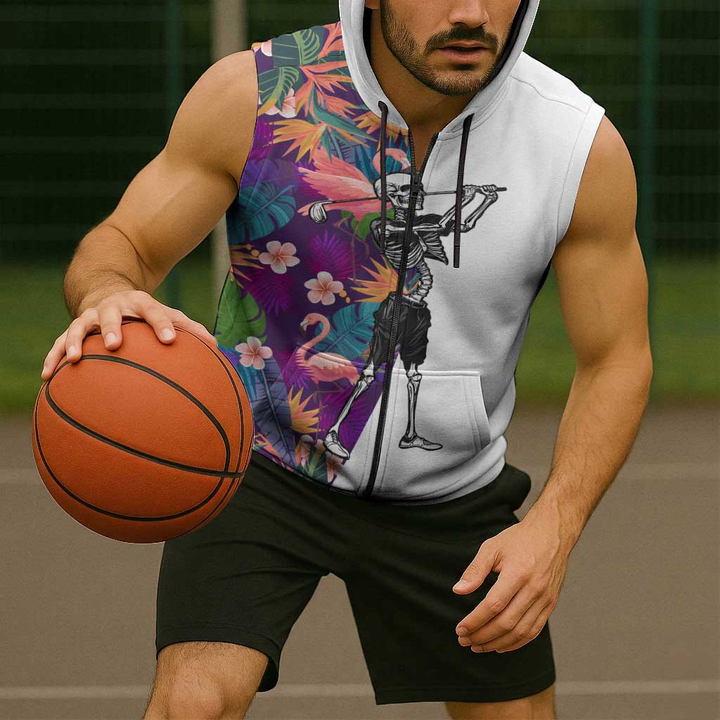 Custom Skeleton Golfer Sleeveless Zip Hoodie with Tropical Flamingo Leaves Pattern and Colorful Floral Background - Wonder Print Shop