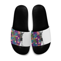 Skeleton Golfer Slide Sandals with Tropical Flamingo Leaves Pattern and Colorful Floral Background - Wonder Print Shop