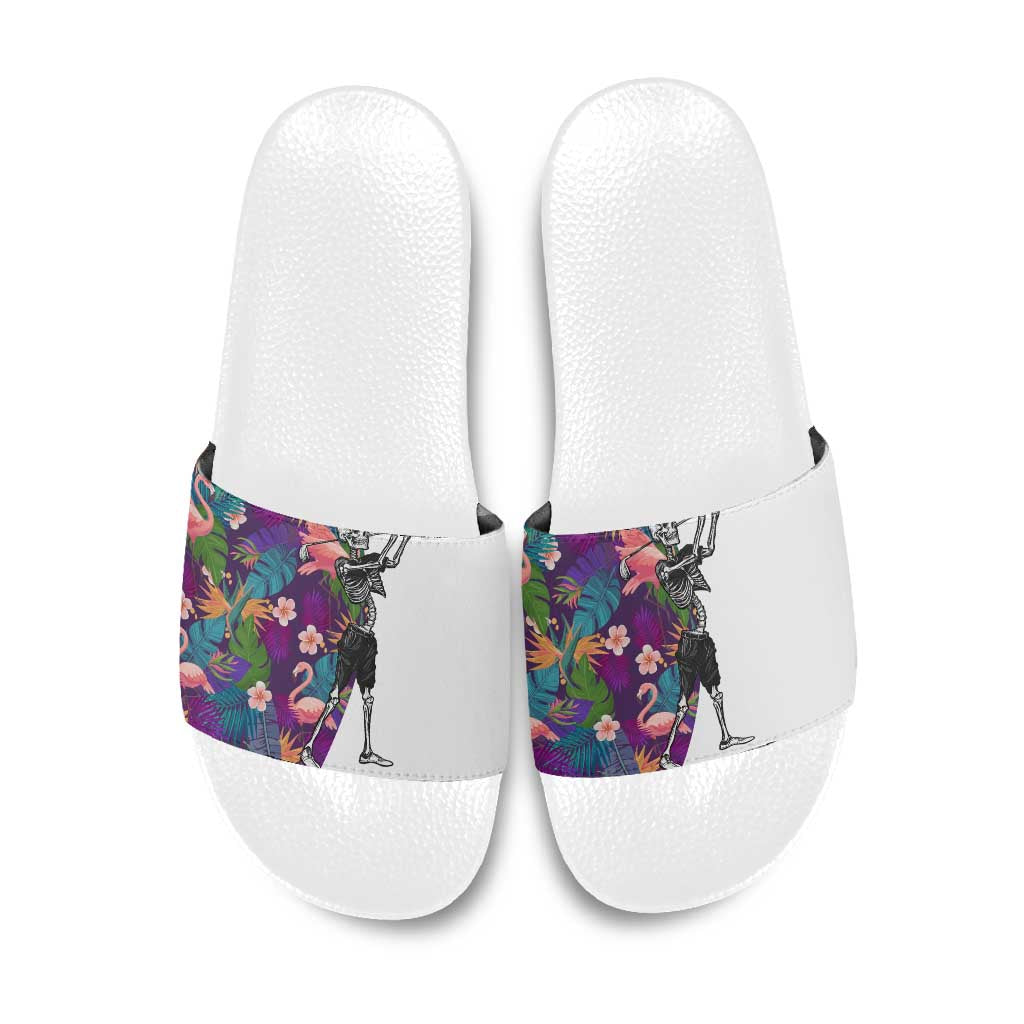 Skeleton Golfer Slide Sandals with Tropical Flamingo Leaves Pattern and Colorful Floral Background - Wonder Print Shop