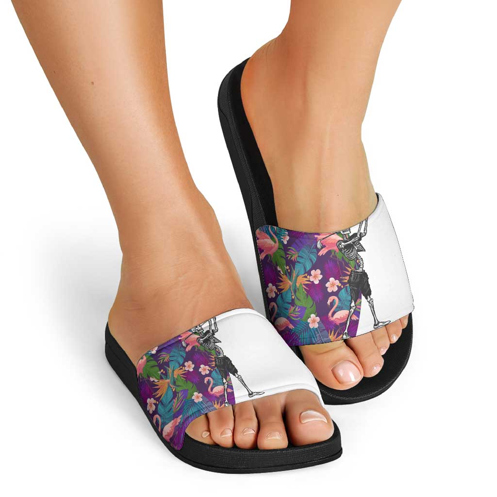Skeleton Golfer Slide Sandals with Tropical Flamingo Leaves Pattern and Colorful Floral Background - Wonder Print Shop