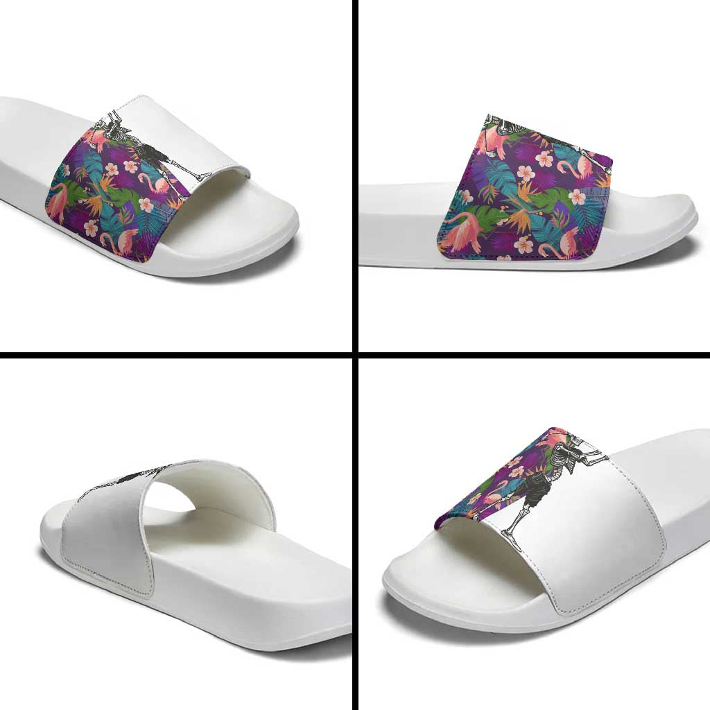 Skeleton Golfer Slide Sandals with Tropical Flamingo Leaves Pattern and Colorful Floral Background - Wonder Print Shop