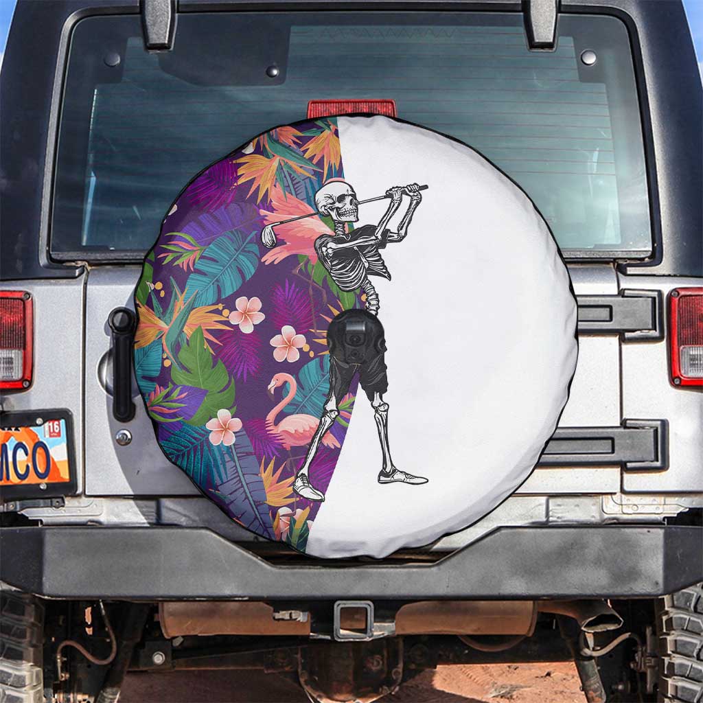 Skeleton Golfer Spare Tire Cover with Tropical Flamingo Leaves Pattern and Colorful Floral Background - Wonder Print Shop