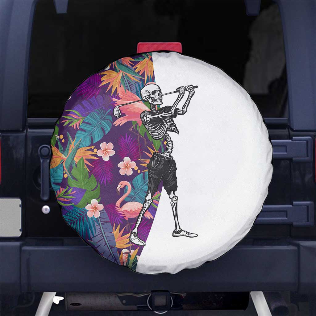 Skeleton Golfer Spare Tire Cover with Tropical Flamingo Leaves Pattern and Colorful Floral Background - Wonder Print Shop