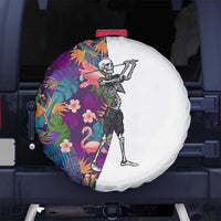 Skeleton Golfer Spare Tire Cover with Tropical Flamingo Leaves Pattern and Colorful Floral Background - Wonder Print Shop