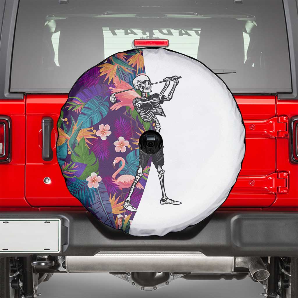 Skeleton Golfer Spare Tire Cover with Tropical Flamingo Leaves Pattern and Colorful Floral Background - Wonder Print Shop