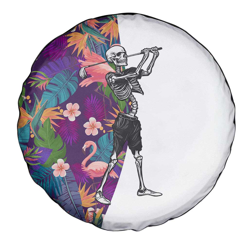 Skeleton Golfer Spare Tire Cover with Tropical Flamingo Leaves Pattern and Colorful Floral Background - Wonder Print Shop