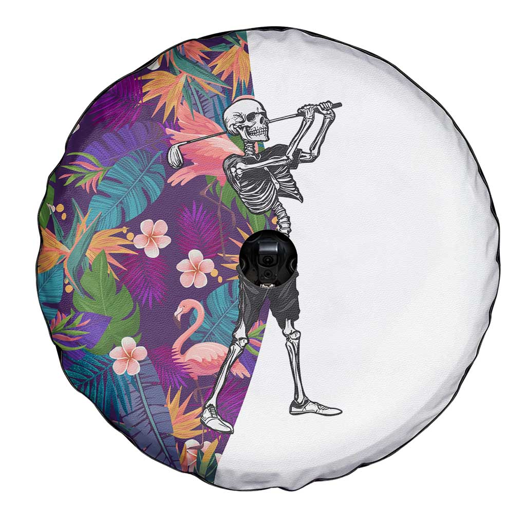 Skeleton Golfer Spare Tire Cover with Tropical Flamingo Leaves Pattern and Colorful Floral Background - Wonder Print Shop