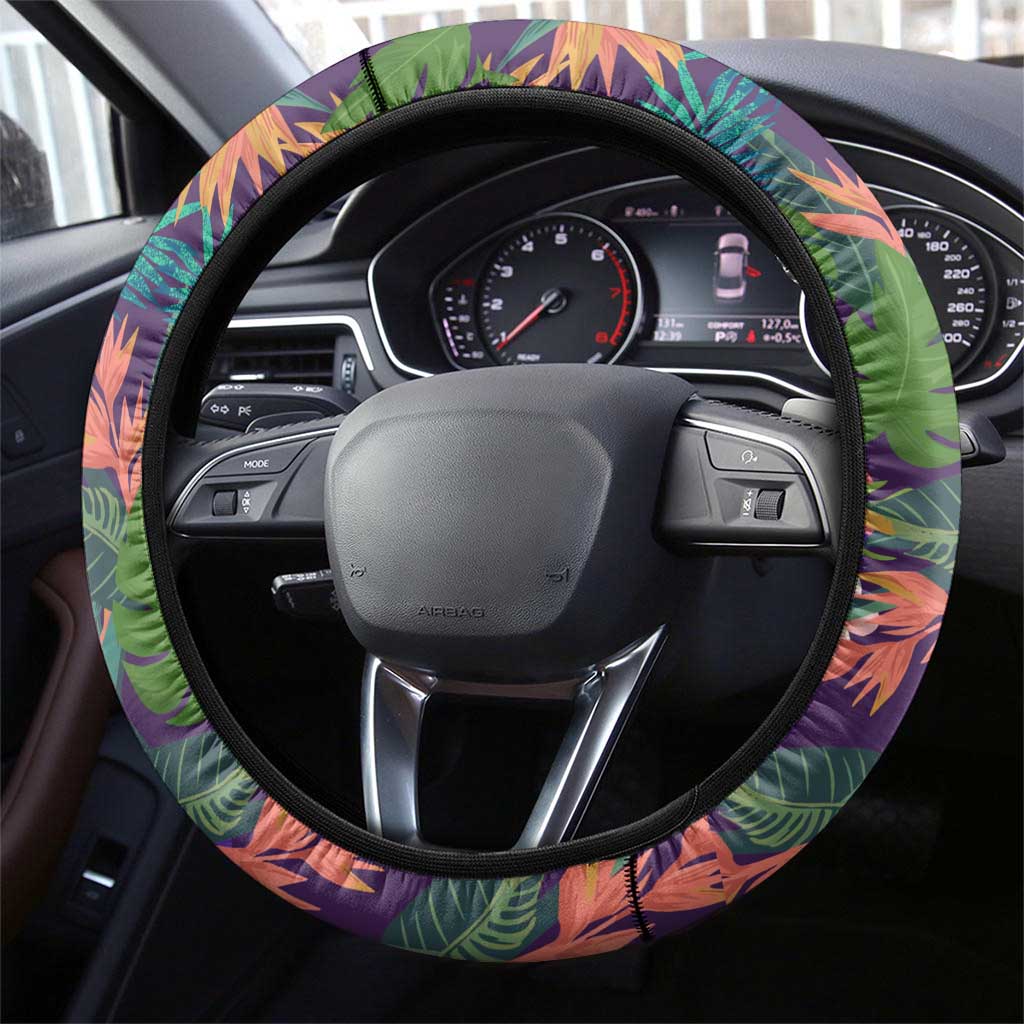 Skeleton Golfer Steering Wheel Cover with Tropical Flamingo Leaves Pattern and Colorful Floral Background - Wonder Print Shop