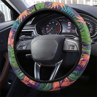 Skeleton Golfer Steering Wheel Cover with Tropical Flamingo Leaves Pattern and Colorful Floral Background - Wonder Print Shop