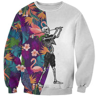 Custom Skeleton Golfer Sweatshirt with Tropical Flamingo Leaves Pattern and Colorful Floral Background - Wonder Print Shop