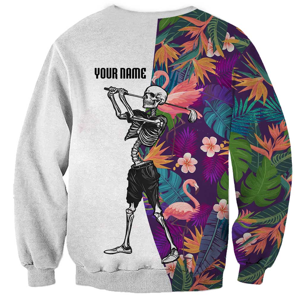 Custom Skeleton Golfer Sweatshirt with Tropical Flamingo Leaves Pattern and Colorful Floral Background - Wonder Print Shop