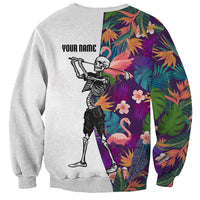Custom Skeleton Golfer Sweatshirt with Tropical Flamingo Leaves Pattern and Colorful Floral Background - Wonder Print Shop