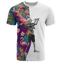 Custom Skeleton Golfer T Shirt with Tropical Flamingo Leaves Pattern and Colorful Floral Background - Wonder Print Shop