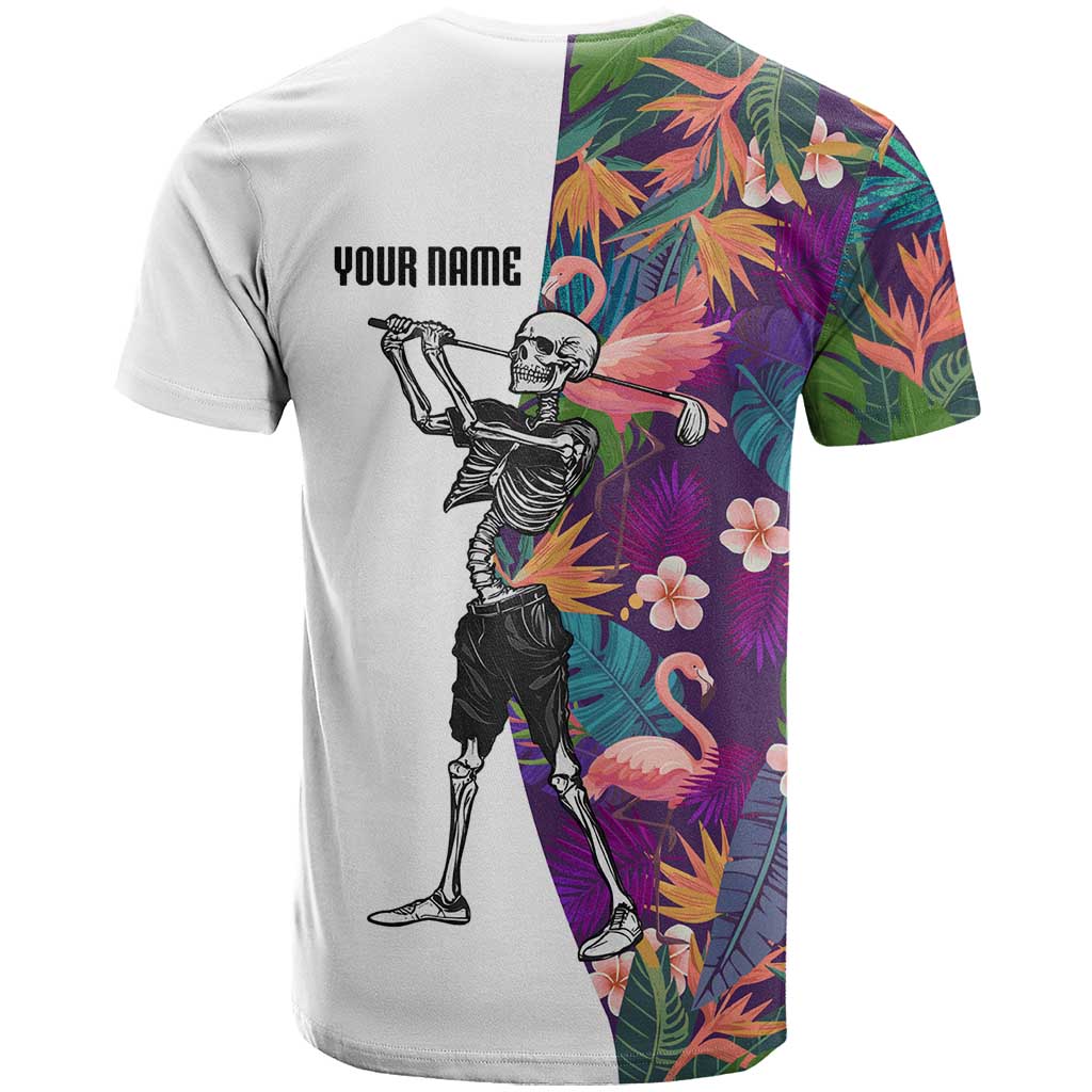Custom Skeleton Golfer T Shirt with Tropical Flamingo Leaves Pattern and Colorful Floral Background - Wonder Print Shop