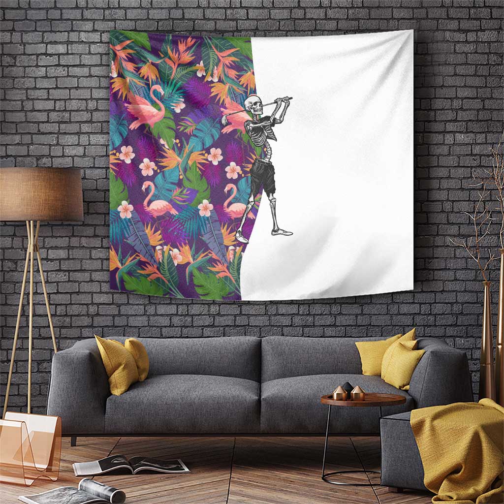 Skeleton Golfer Tapestry with Tropical Flamingo Leaves Pattern and Colorful Floral Background - Wonder Print Shop