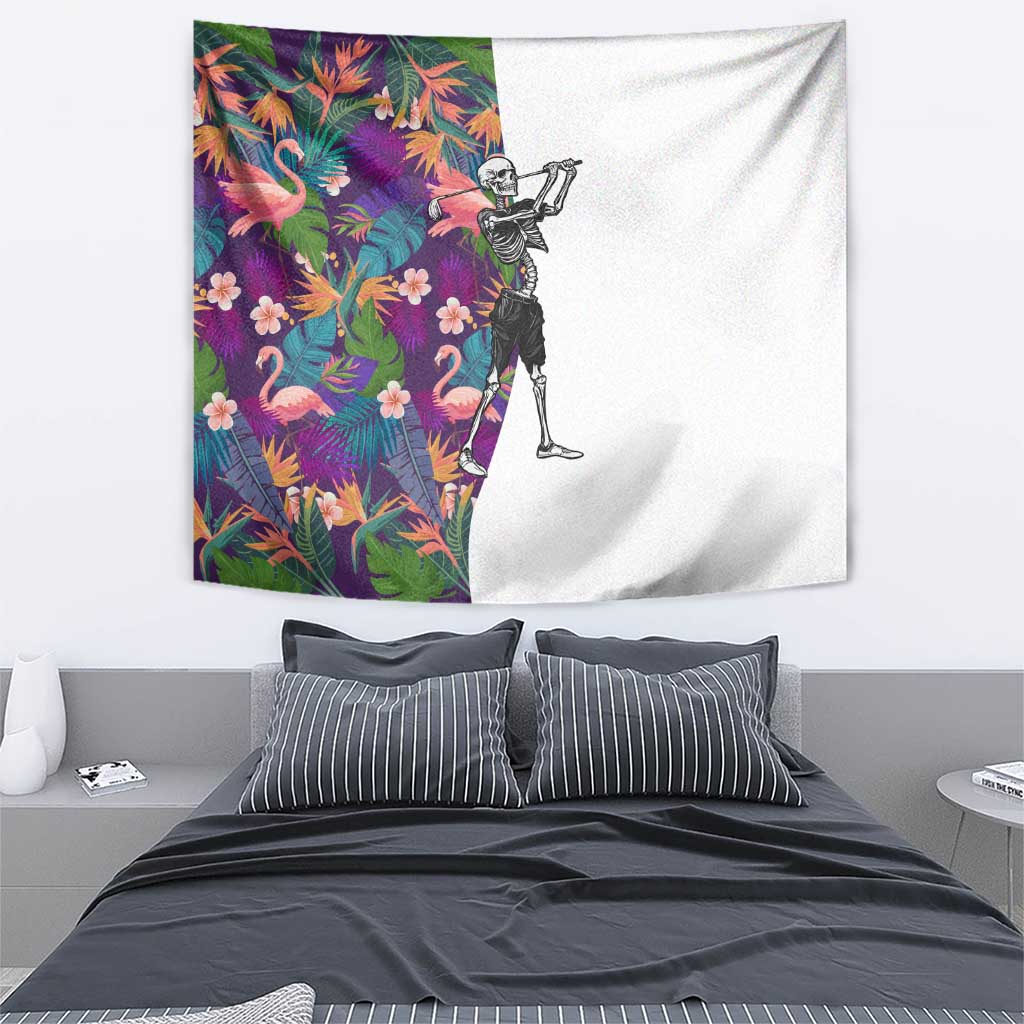 Skeleton Golfer Tapestry with Tropical Flamingo Leaves Pattern and Colorful Floral Background - Wonder Print Shop
