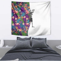Skeleton Golfer Tapestry with Tropical Flamingo Leaves Pattern and Colorful Floral Background - Wonder Print Shop