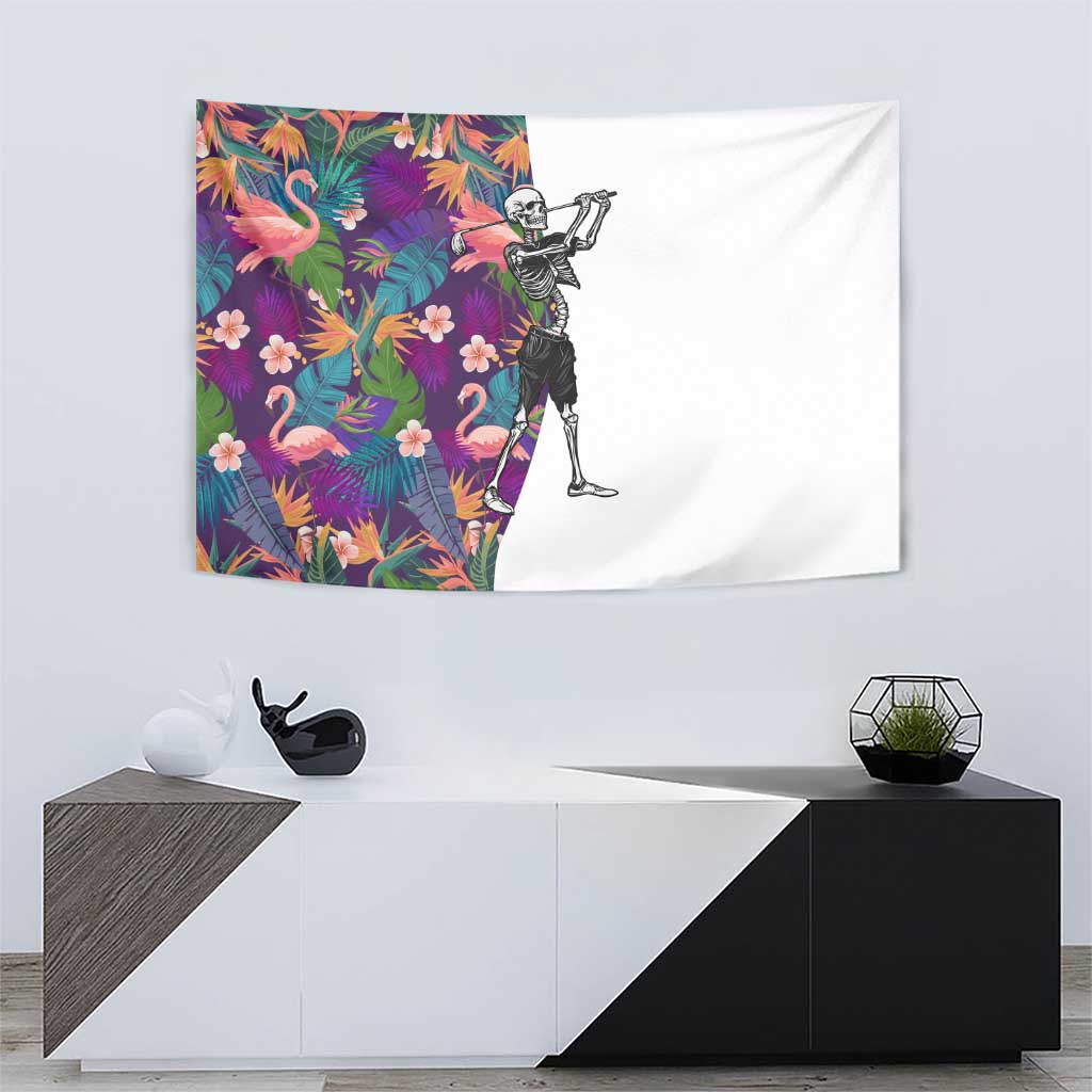 Skeleton Golfer Tapestry with Tropical Flamingo Leaves Pattern and Colorful Floral Background - Wonder Print Shop