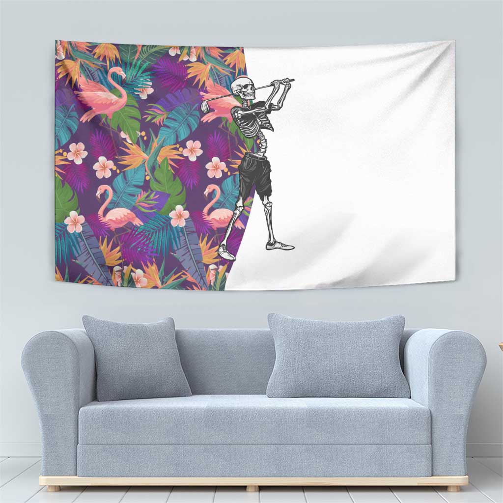 Skeleton Golfer Tapestry with Tropical Flamingo Leaves Pattern and Colorful Floral Background - Wonder Print Shop