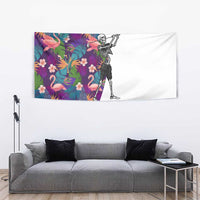 Skeleton Golfer Tapestry with Tropical Flamingo Leaves Pattern and Colorful Floral Background - Wonder Print Shop