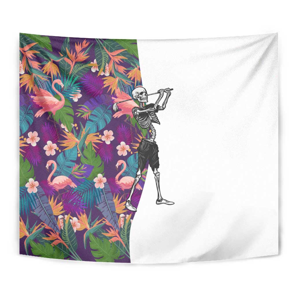 Skeleton Golfer Tapestry with Tropical Flamingo Leaves Pattern and Colorful Floral Background - Wonder Print Shop