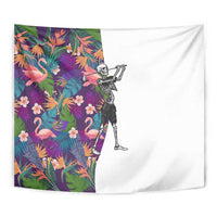 Skeleton Golfer Tapestry with Tropical Flamingo Leaves Pattern and Colorful Floral Background - Wonder Print Shop