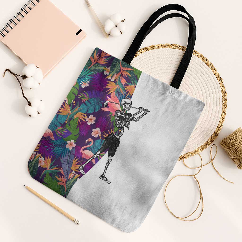 Skeleton Golfer Tote Bag with Tropical Flamingo Leaves Pattern and Colorful Floral Background - Wonder Print Shop