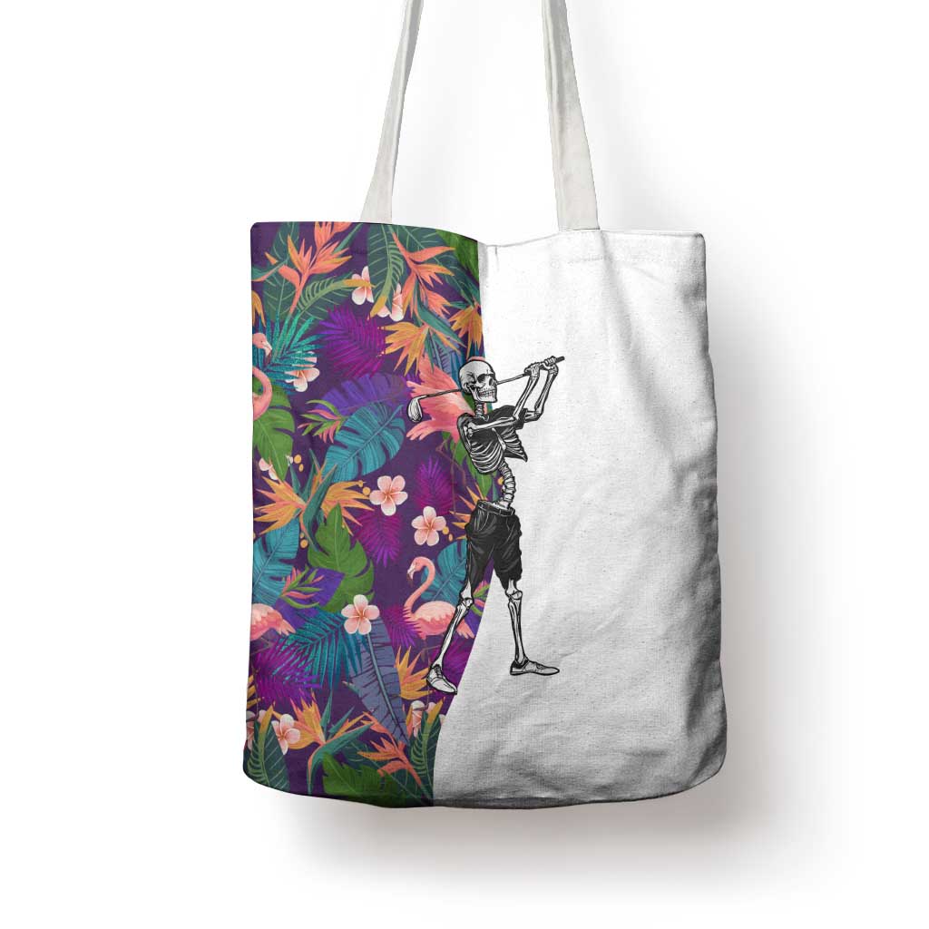 Skeleton Golfer Tote Bag with Tropical Flamingo Leaves Pattern and Colorful Floral Background - Wonder Print Shop