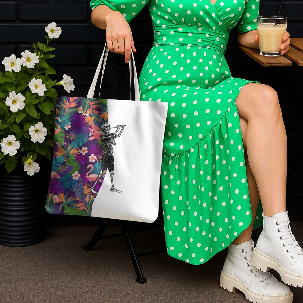 Skeleton Golfer Tote Bag with Tropical Flamingo Leaves Pattern and Colorful Floral Background - Wonder Print Shop
