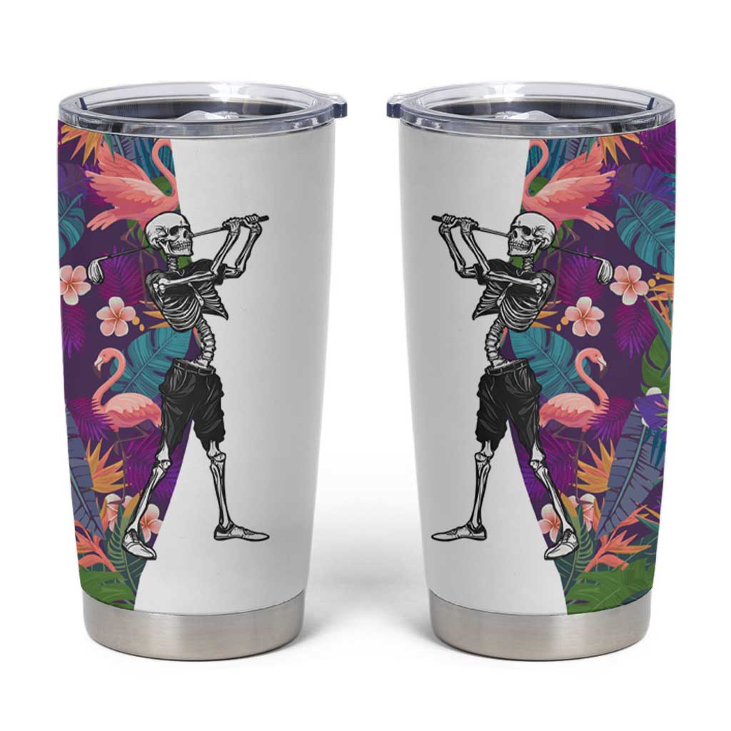 Skeleton Golfer Tumbler Cup with Tropical Flamingo Leaves Pattern and Colorful Floral Background - Wonder Print Shop