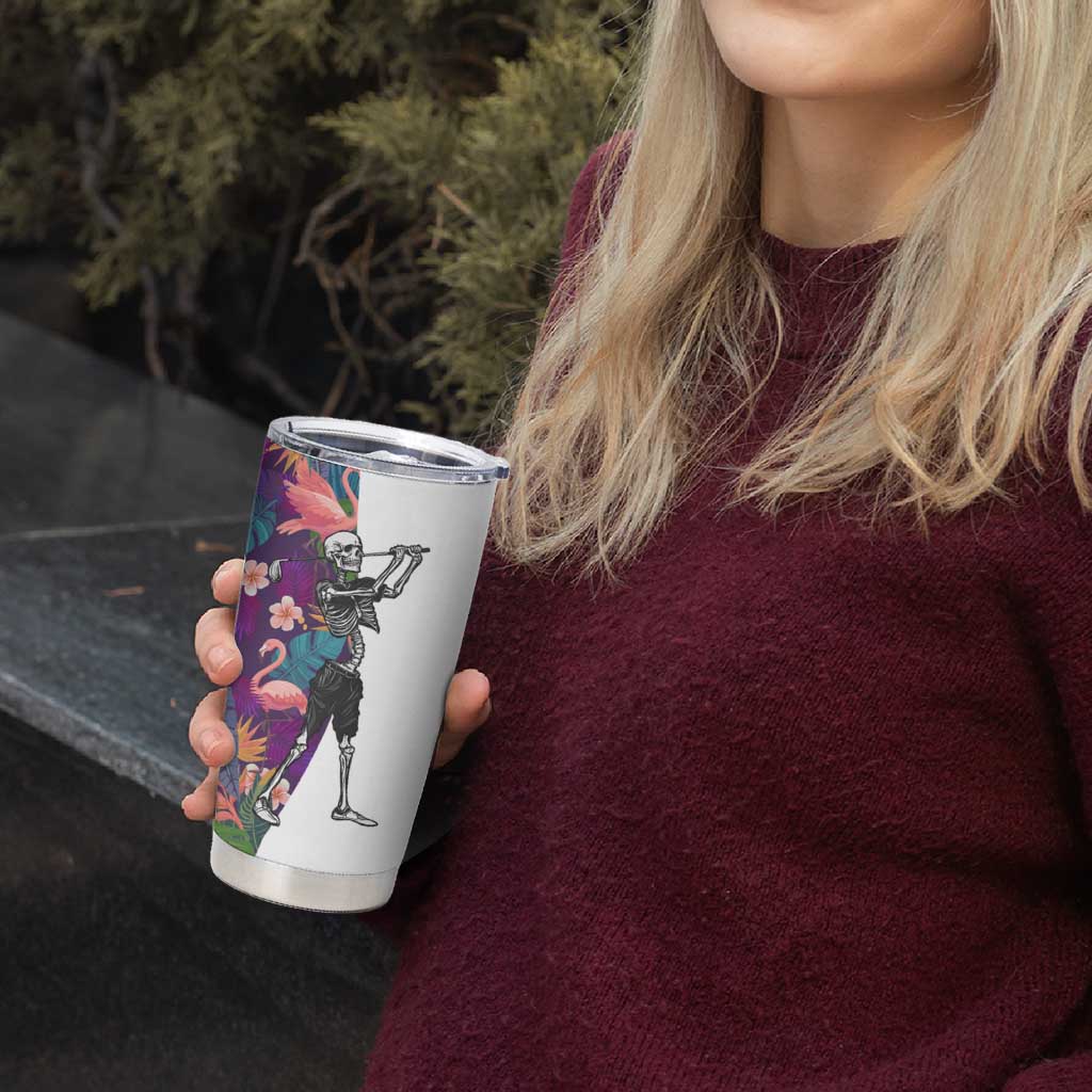 Skeleton Golfer Tumbler Cup with Tropical Flamingo Leaves Pattern and Colorful Floral Background - Wonder Print Shop