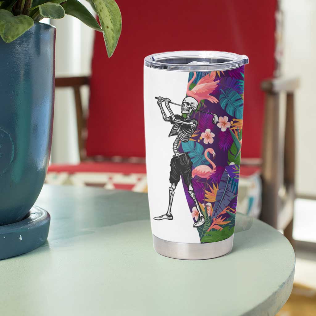 Skeleton Golfer Tumbler Cup with Tropical Flamingo Leaves Pattern and Colorful Floral Background - Wonder Print Shop